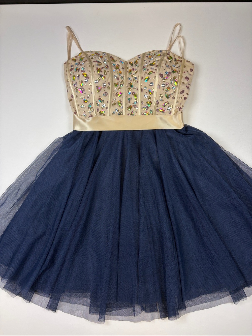NIGHTS BY TEEZE ME NAVY TULLE PARTY DRESS CREAM RHINESTONE BODICE SIZE 3